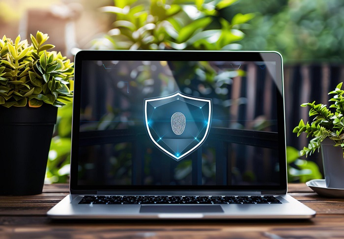 Laptop with a shield and fingerprint in the middle of its' screen on an outside table surrounded by nature 